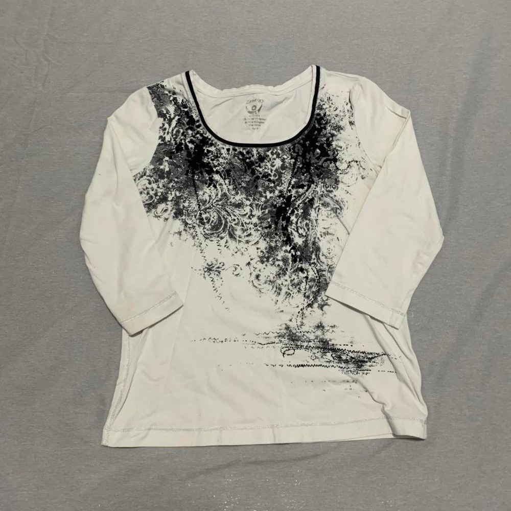 Chicos Zenergy Womens White Black Graphic Print 3/4 Sleeve Top Size 0 RN 79284